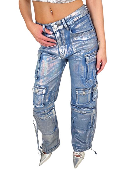 Jeans Cargo blu stone laminato