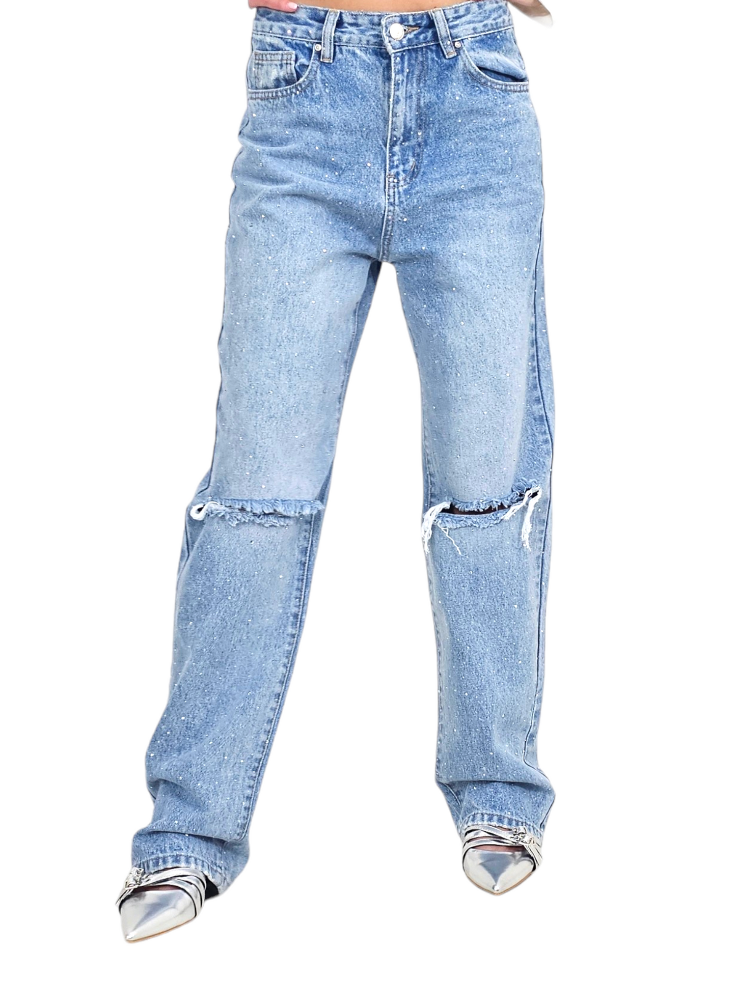 Jeans straight con strass e rotture