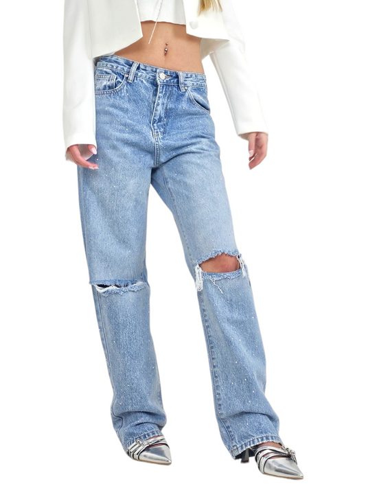 Jeans straight con strass e rotture